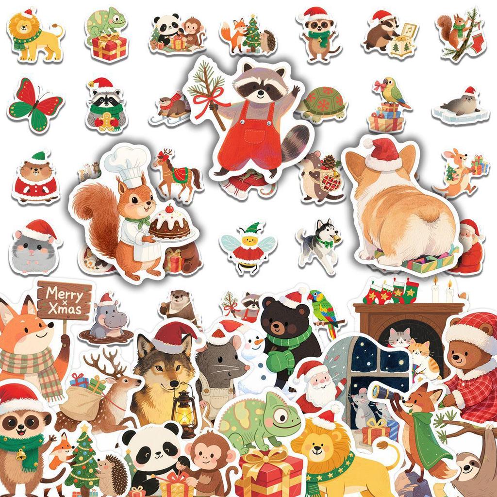 50 Christmas Animal Celebration Doodle Stickers for DIY: Water Bottles, Luggage, Notebooks
