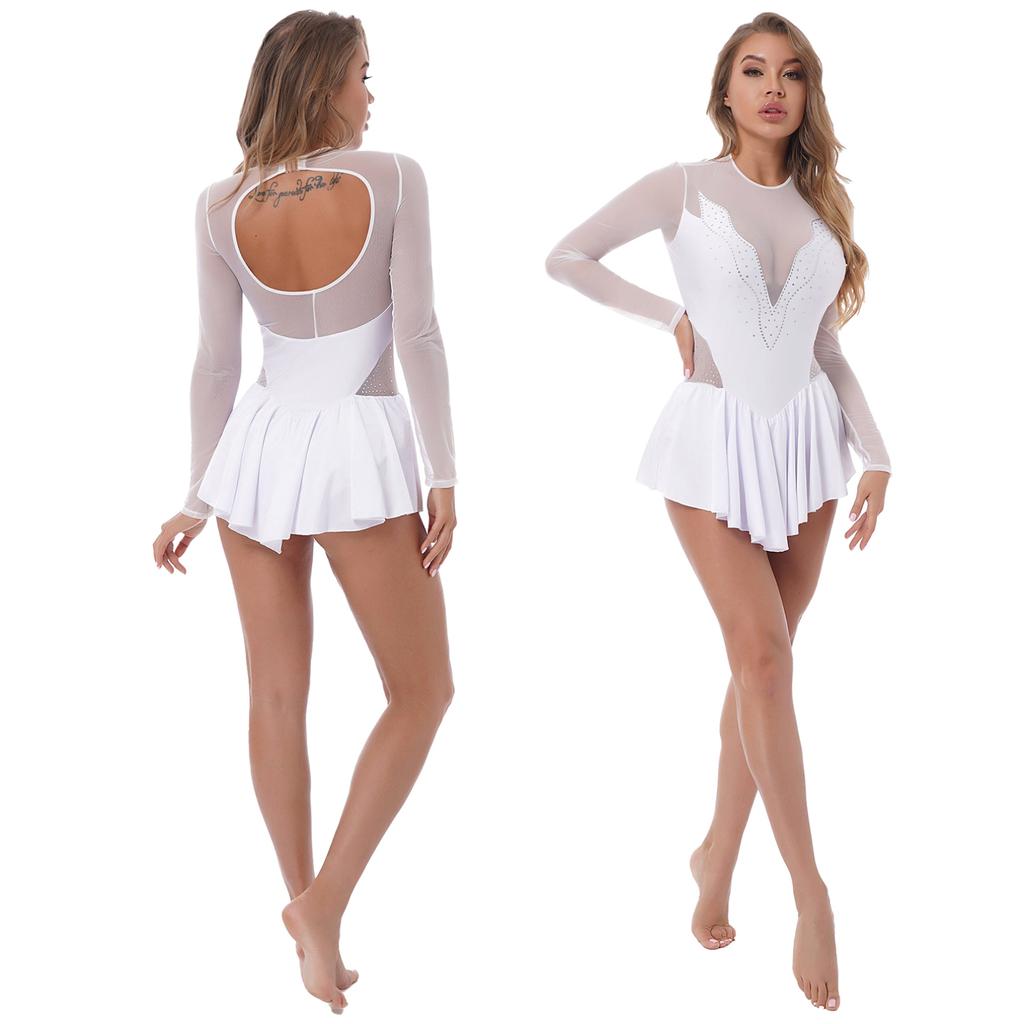 Женское модное платье для фигурного катания, сетчатое лоскутное платье с длинными рукавами и юбкой, купальник для бальных танцев, тренировочный танцевальный костюм