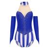 Womens Circus Ringmaster Bodysuit Glittery Rhinestone Color Block Sleeveless Leotard Fingerless Gloves Gymnastic Dancewear