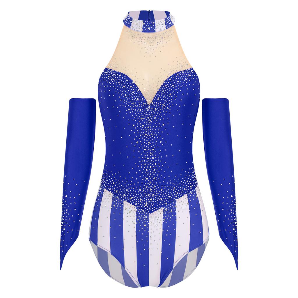 Womens Circus Ringmaster Bodysuit Glittery Rhinestone Color Block Sleeveless Leotard Fingerless Gloves Gymnastic Dancewear