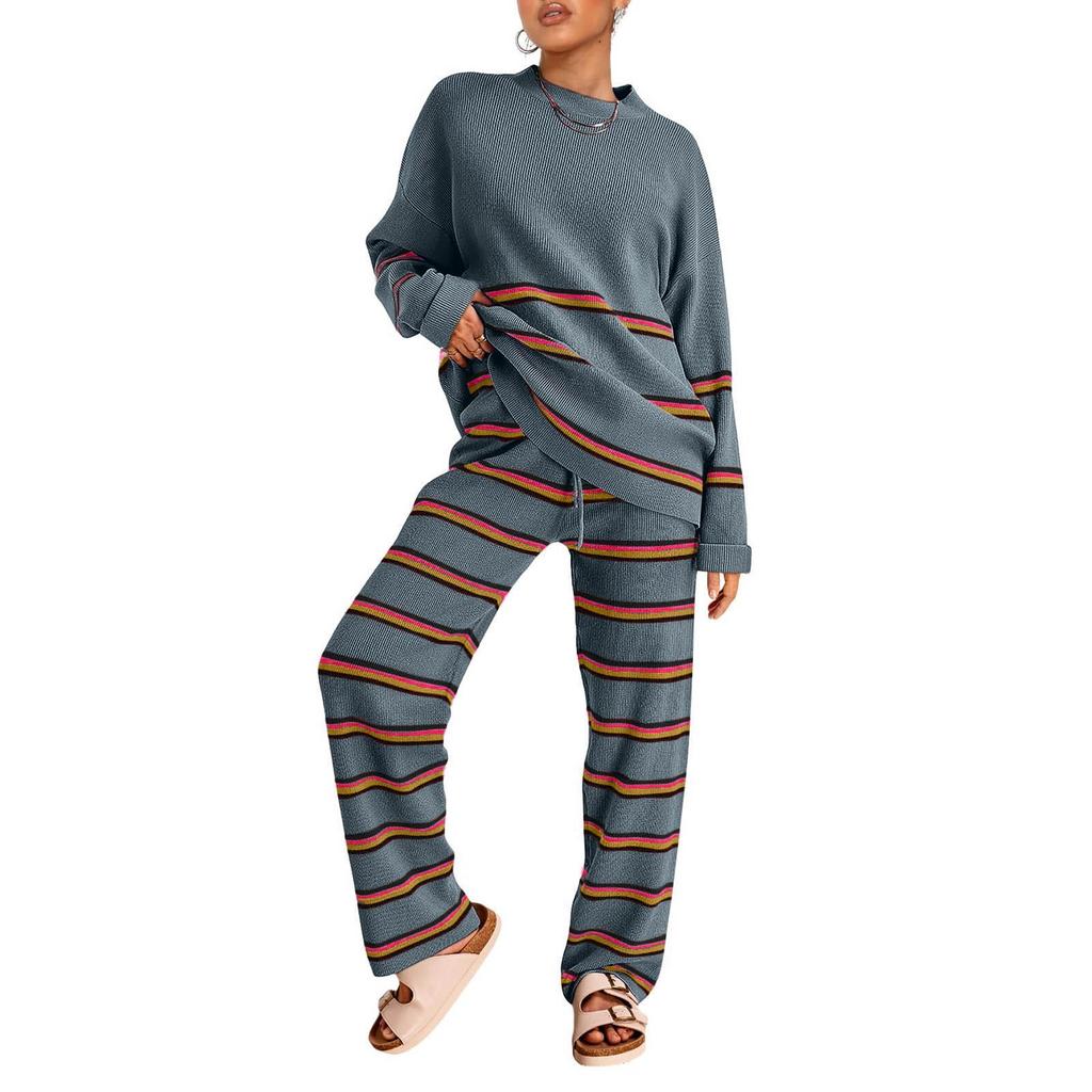 Women's 2 Piece Outfits For Women Oversized Striped Sweaters Sets