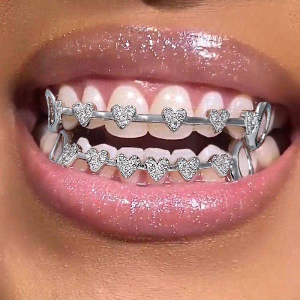 rhinestone Charm Teeth Grillz Double Glossy Love Drill Braces Men Women Jewelry Tooth Socket