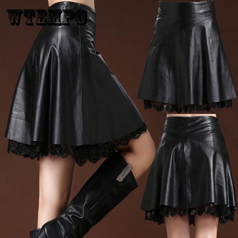 Women's Artificial Leather Skirt High Waist Sexy Lace Stitching A-line Skirt Autumn Winter Sexy Black Pleated Skirt