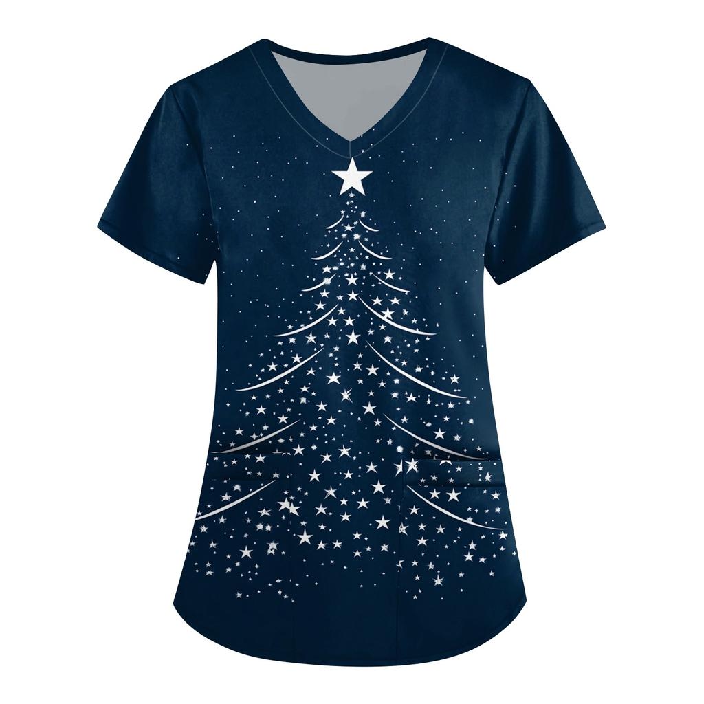 Women's Cute Printed Work Clothes V-neck Double Layer Pockets Basic Short Sleeve Top Pullover Christmas