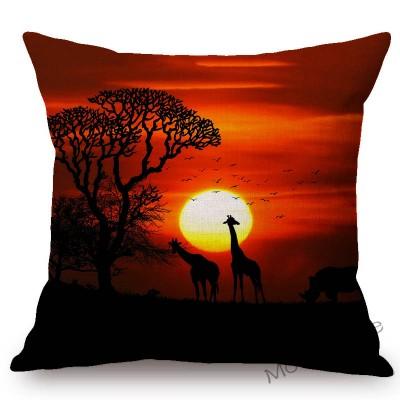 Sunrise Sunset In Africa Scene Sofa Throw Pillow Case Beautiful Animal Giraffe African Woman In Sun Setting Art Cushion Cover