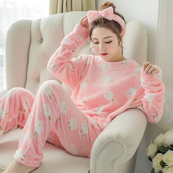 Women's Long-sleeved Flannel Pajamas Set Spring Autumn Cartoon Sleepwear Thickened Warm Printing Plush Cute Sleeping Suit Set