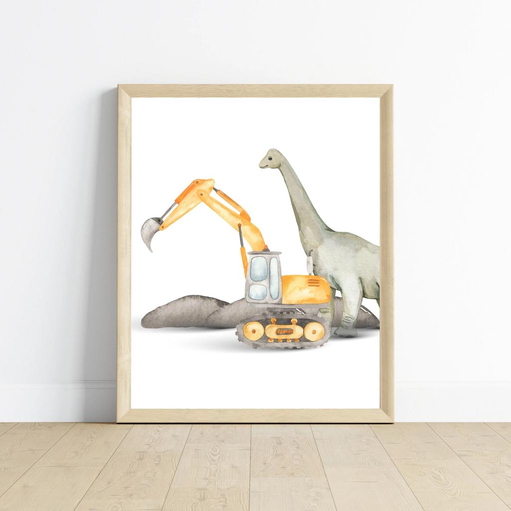 Cute Dinosaurs and Construction Trucks Excavator Bulldozer Posters and Prints Canvas Printing Wall Art Picture for Bedroom