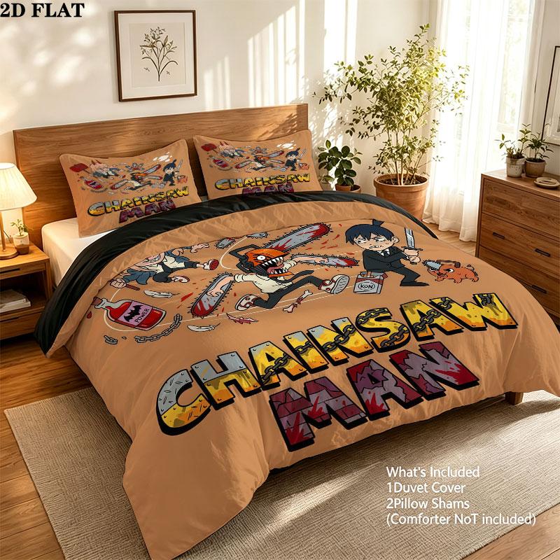 Chainsaw Man Pattern Bedding Quilt Set Quilt Cover Pillowcase Home Birthday Gift(1 * duvet cover + 2 * pillowcase, without core)