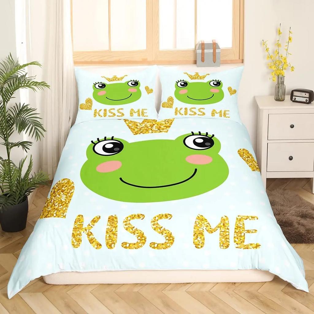 Комплект пододеяльников с изображением лягушки, милый мультяшный узор лягушки Kawaii, размер King Queen, полиэстер, чехол с наволочкой для детей и девочек