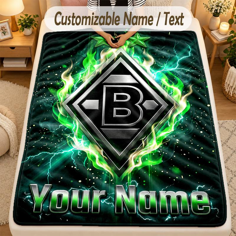 Flannel BlanketBorussia Mönchengladbach Custom Name Text Personalized Soft Warm Throw Blanket Home Decor Gift