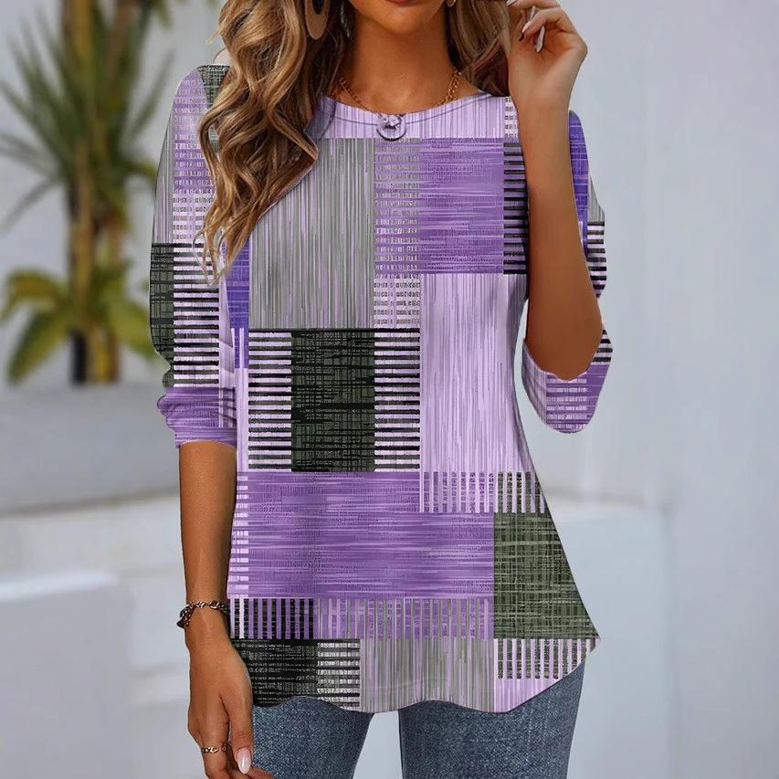 Круглый вырез 3D ретро клетчатый узор принтованный топ модные повседневные длинные рукава женские футболки