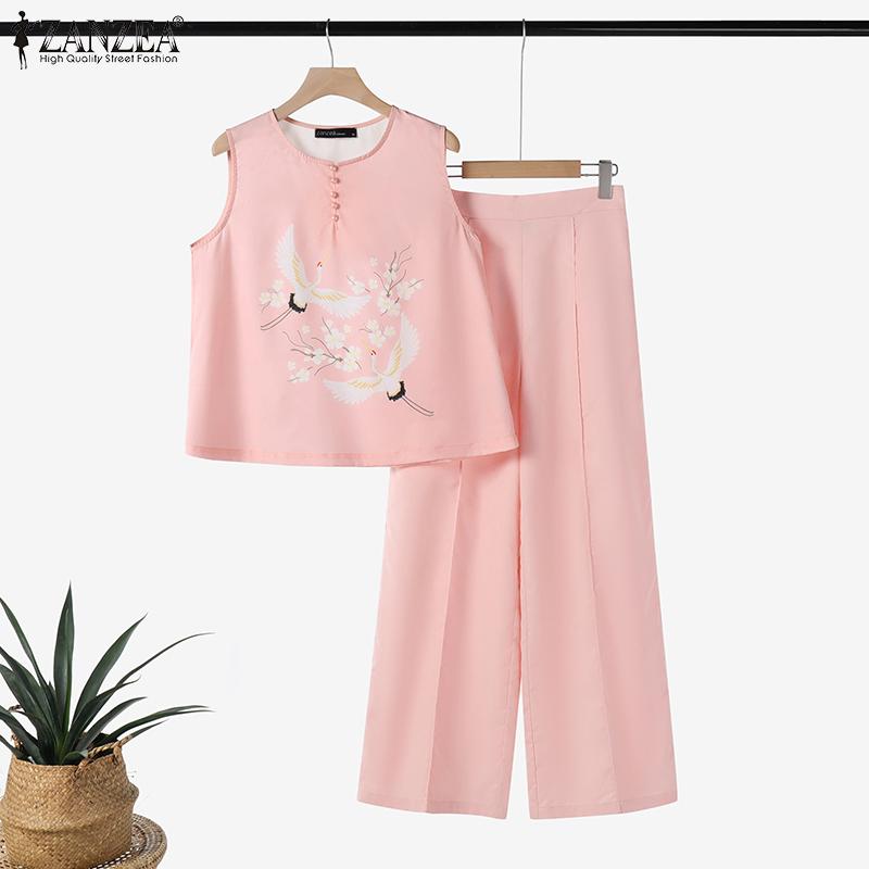 ZANZEA Женские топы и брюки с принтом, повседневные комплекты из двух частей