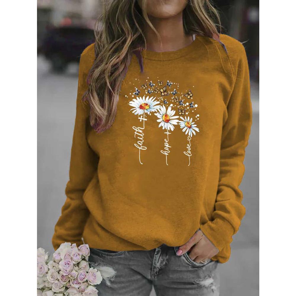 Зимние женские топы с принтом ромашки, женская Повседневная толстовка с круглым вырезом и длинными рукавами, блузка больших размеров