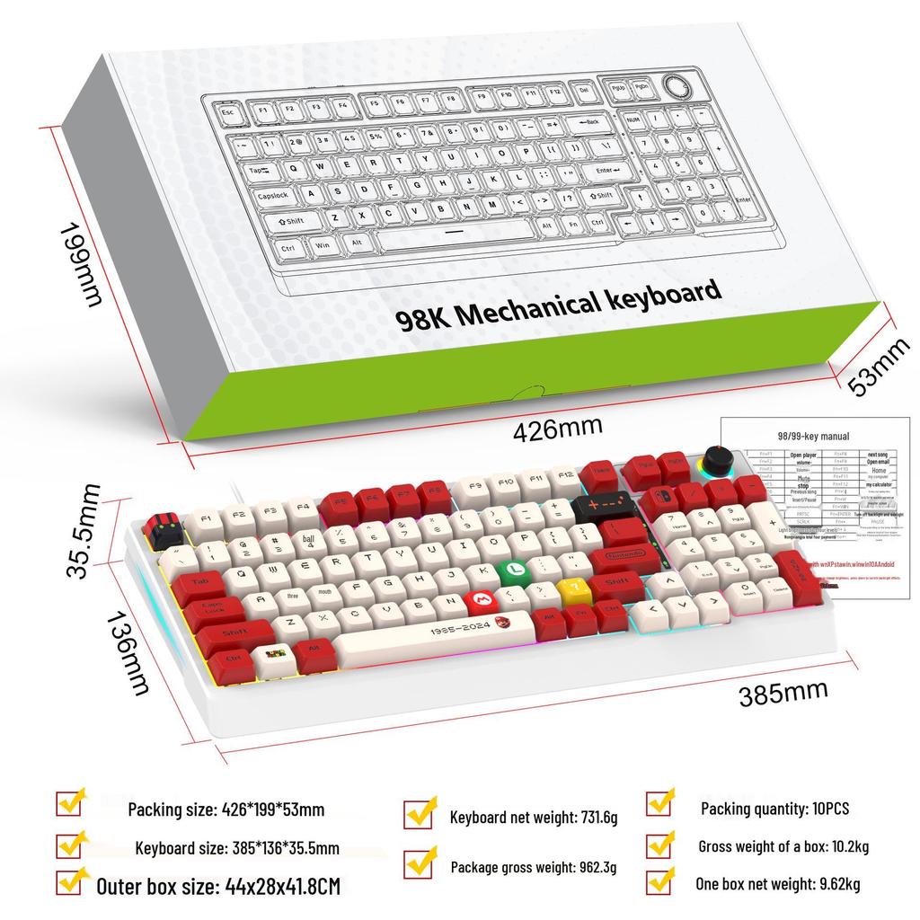 K98 Mechanical Keyboard with Blue or Red Axis, Wired Connection, Dual-Color Injection Keycaps for Gaming