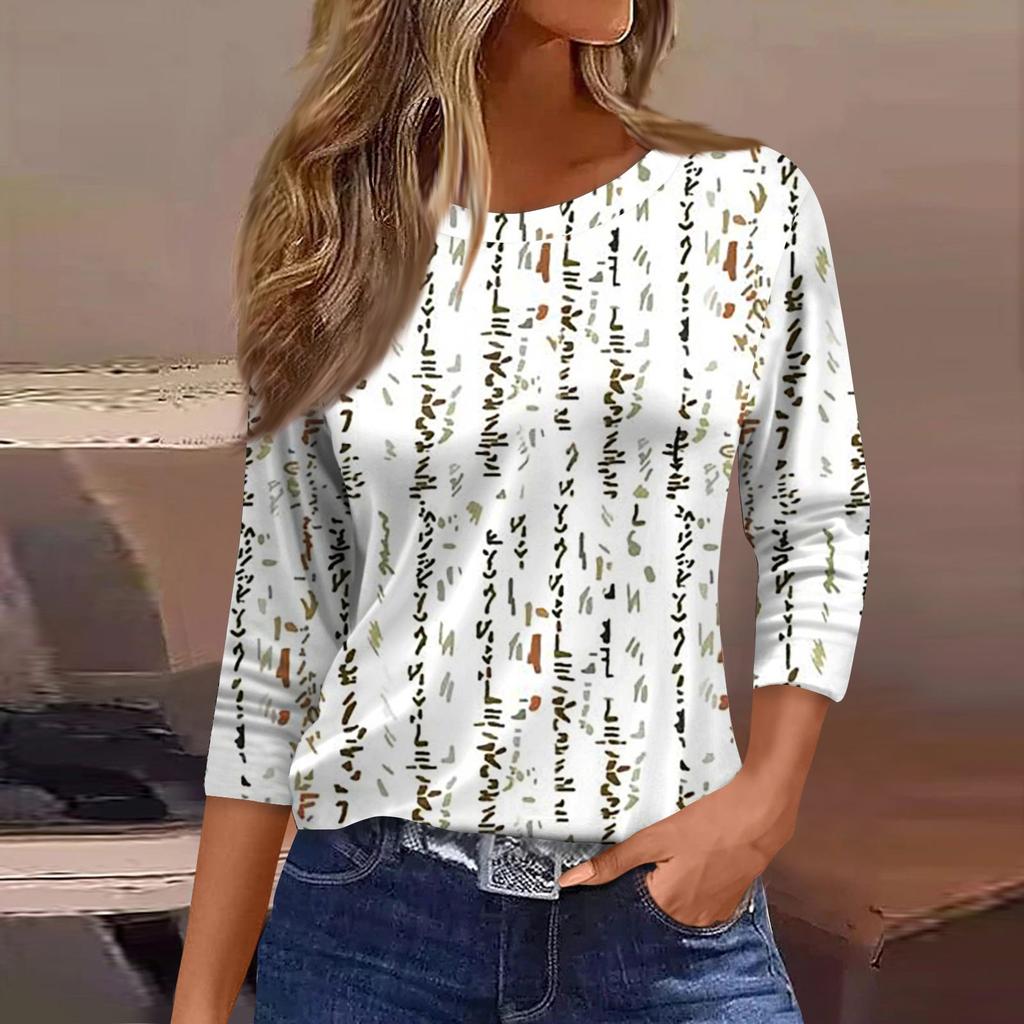 3/4 Length Sleeve Womens Tops Floral Print Vintage Fashion Casual Loose With Round Neck Plus Size Shirts