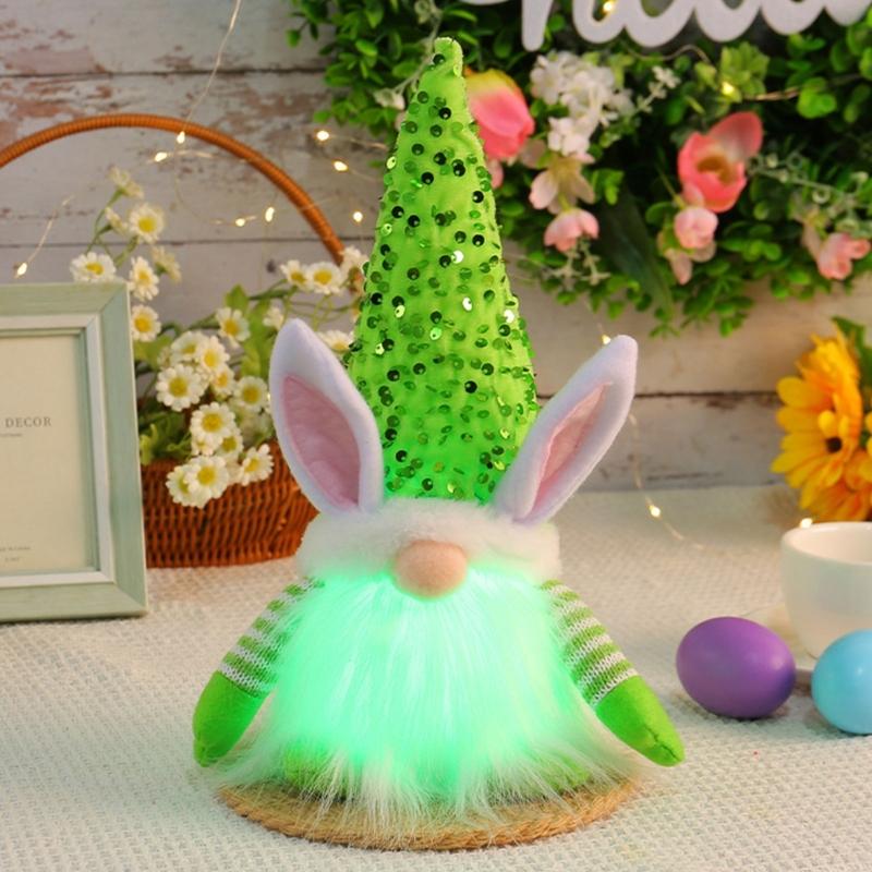 Easter Gnome Sequins Rabbit Faceless Doll with LED Light Ornaments for Spring Swedish Tomtes Dwarfs Home Decorations