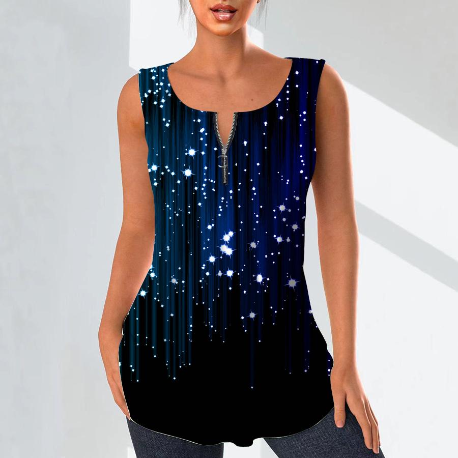 Women's Fashion V Neck Shirts Casual Tops T-shirt Ladies 3D Glowing Point Print Vest Plus Size Sleeveless Blouse Tank Tops