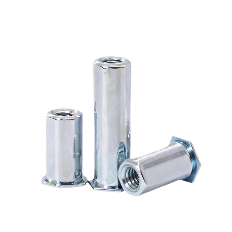 Blue and White Zinc-Plated Carbon Steel Hex Nut Connector with BSO Blind Hole Rivet, M3-M5.