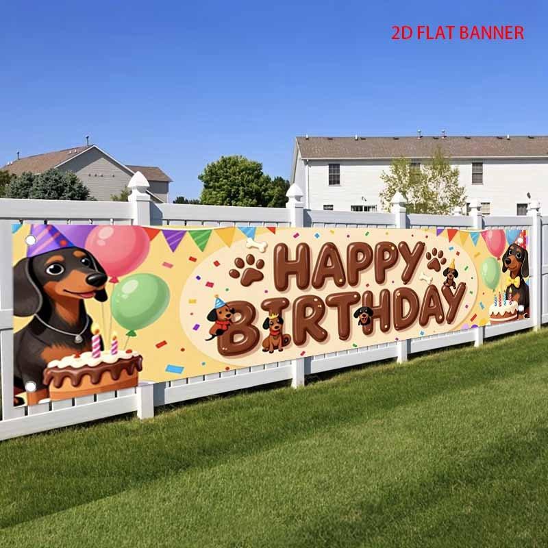 Sausage Dog Birthday Banner, cute balloon cake pattern, outdoor garden fence dog-themed party decor