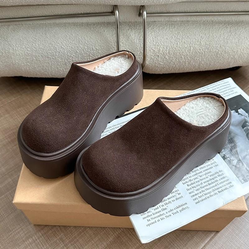 Модные женские теплые хлопковые мюли, ретро тапочки на толстой подошве и высоком каблуке, слипоны с закрытым носком, удобные уличные тапочки для ленивого отдыха