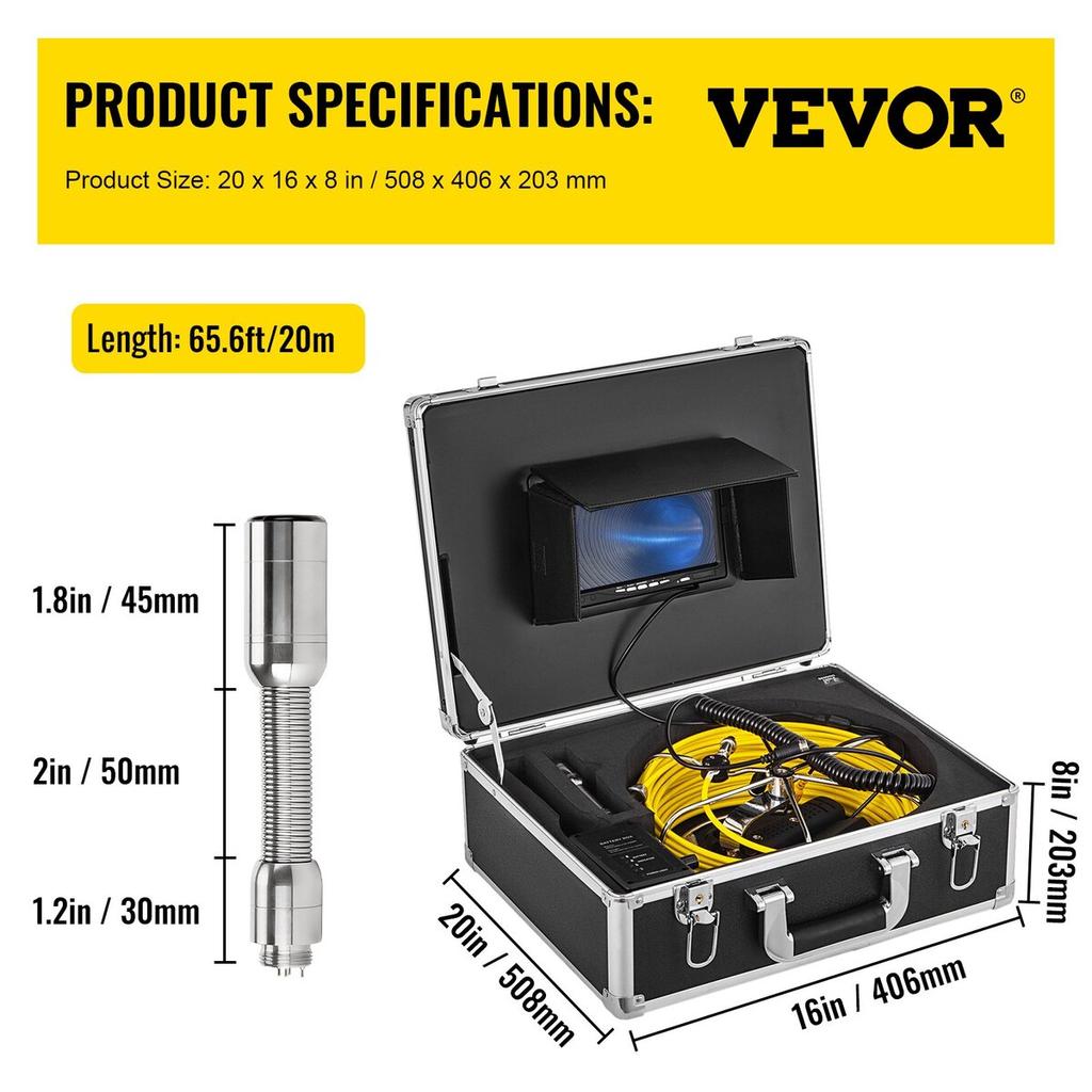 20M Sewer Inspection Camera 9 Inch Monitor LCD DVR Waterproof Pipeline Drain Inspection System Camera Kit with 8G SD Card (20M 9Inch)