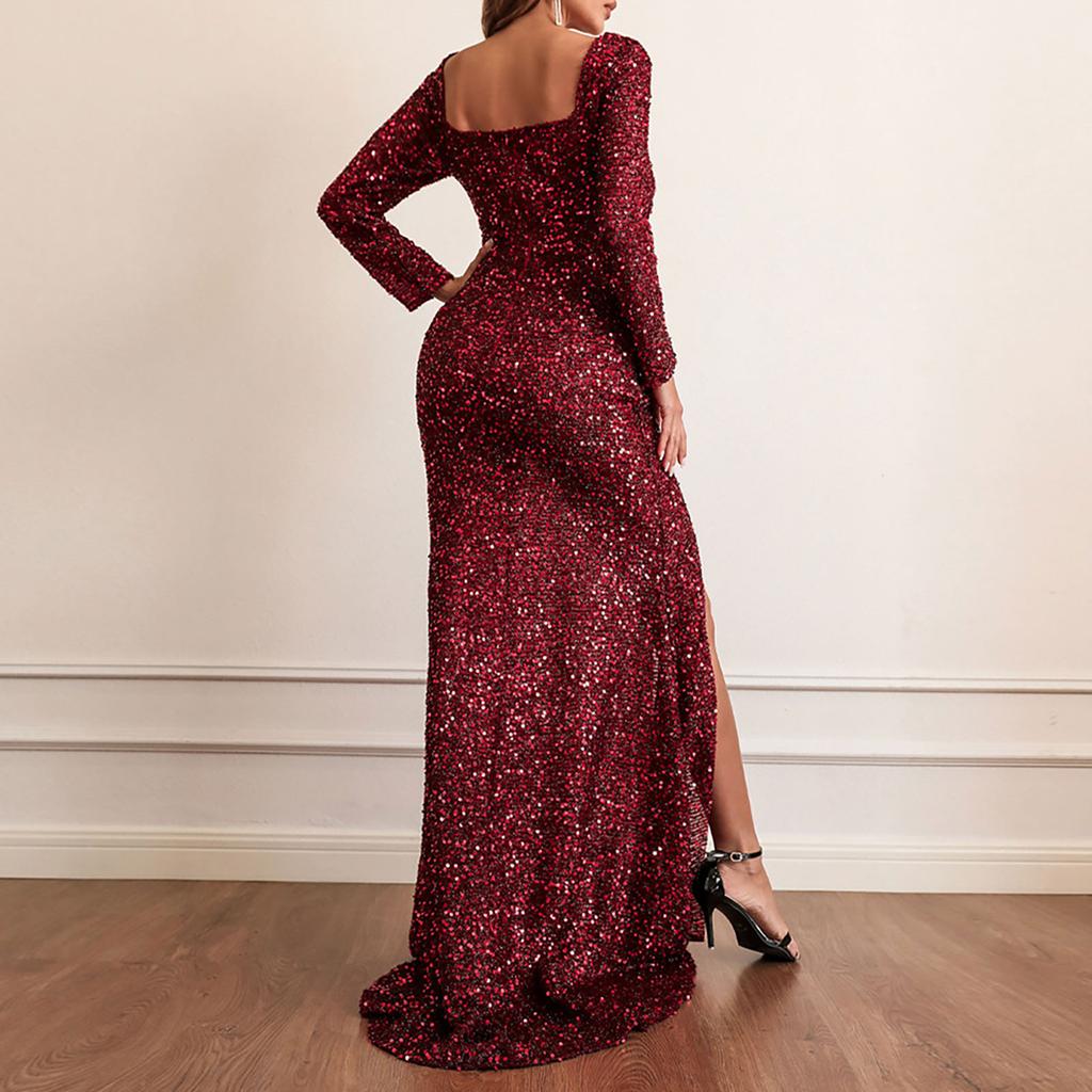 Женское модное однотонное длинное платье с разрезом и нерегулярными длинными рукавами и пайетками