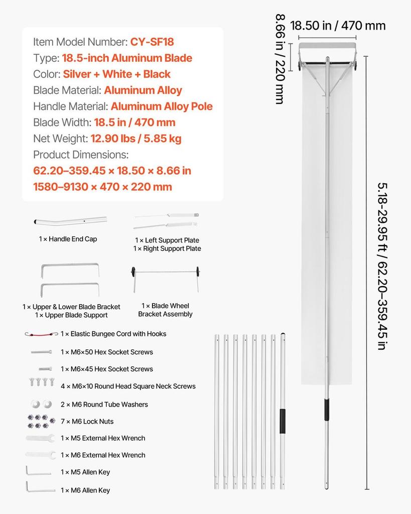 Snow Roof Rake, 22 cm Aluminum Blade, 1.58-9.13 m Adjustable Roof Snow Scraper with Wheels & Slide, , Lightweight Snows Removal Tool for House Rooftop