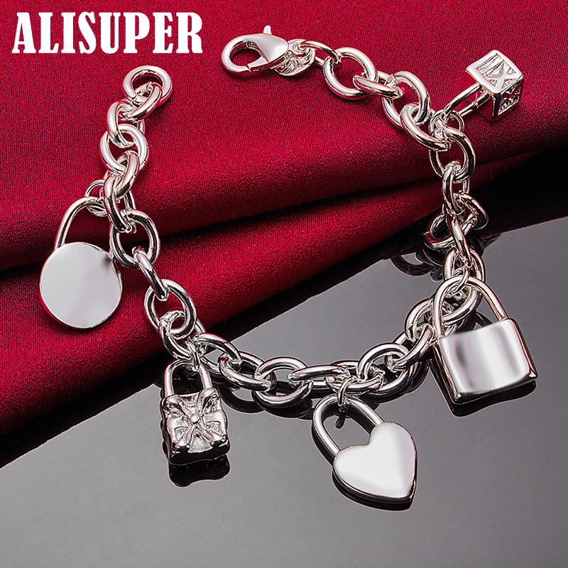 925 Sterling Silver Bracelet Heart / Circle / Square Lock Bracelets Jewelry