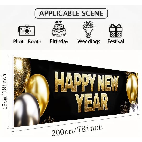 Happy New Year Banner 78.7 x 17.7 Inch Gold and Silver Balloons Sparkling Confetti Design for Holiday Party Decoration Indoor Outdoor Wall Fence or