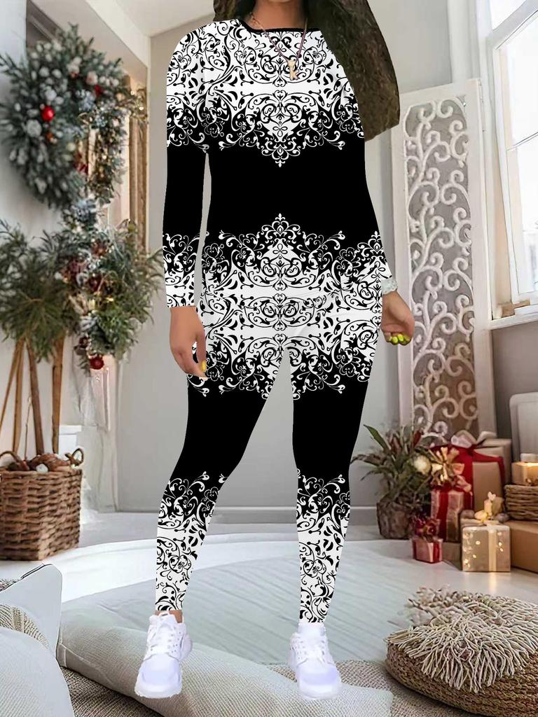 Женский костюм-двойка с геометрическим принтом: Топ с длинным рукавом и круглым вырезом и брюки, праздничный лимитированный повседневный костюм для вечеринки в подарок