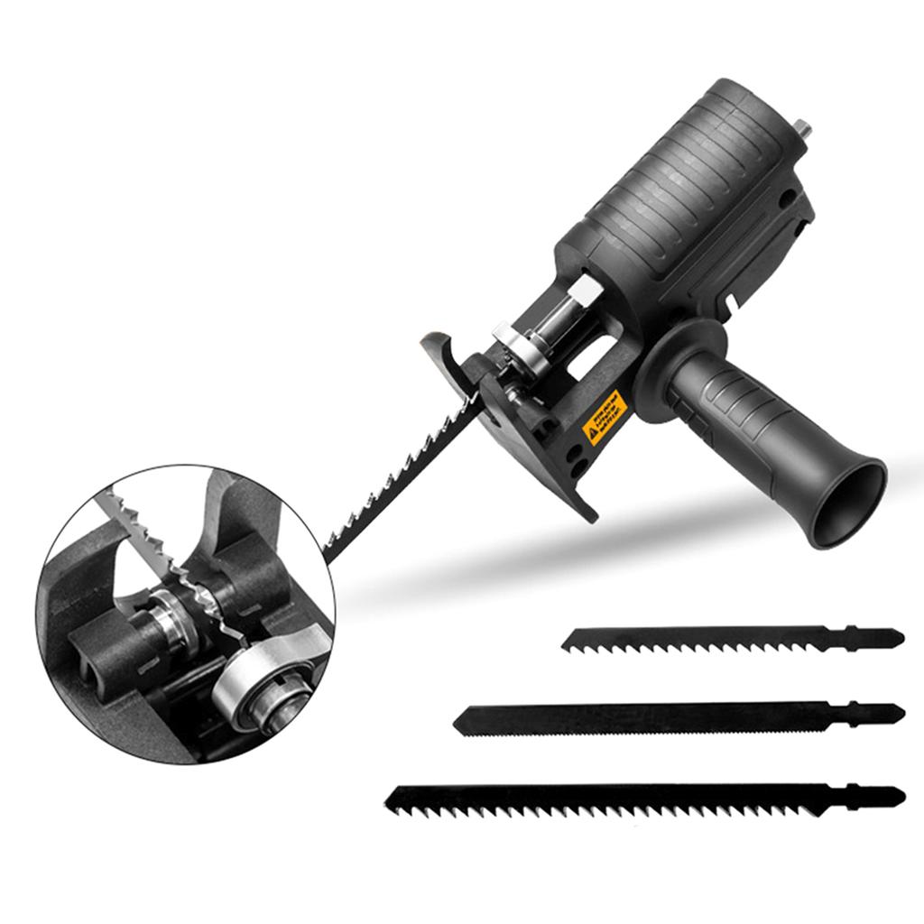 Portable Reciprocating Saw Adapter Multifunctional Electric Drill Modified Tool Attachment with Ergonomic Handle 3 Saw Blades for Wood Metal Cutting