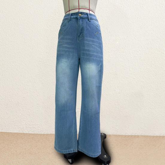 Women Jeans Retro Straight Distressed Solid Color Multi Pockets Mid Waist Button Zipper Closure Streetwear Full Length Long Trousers