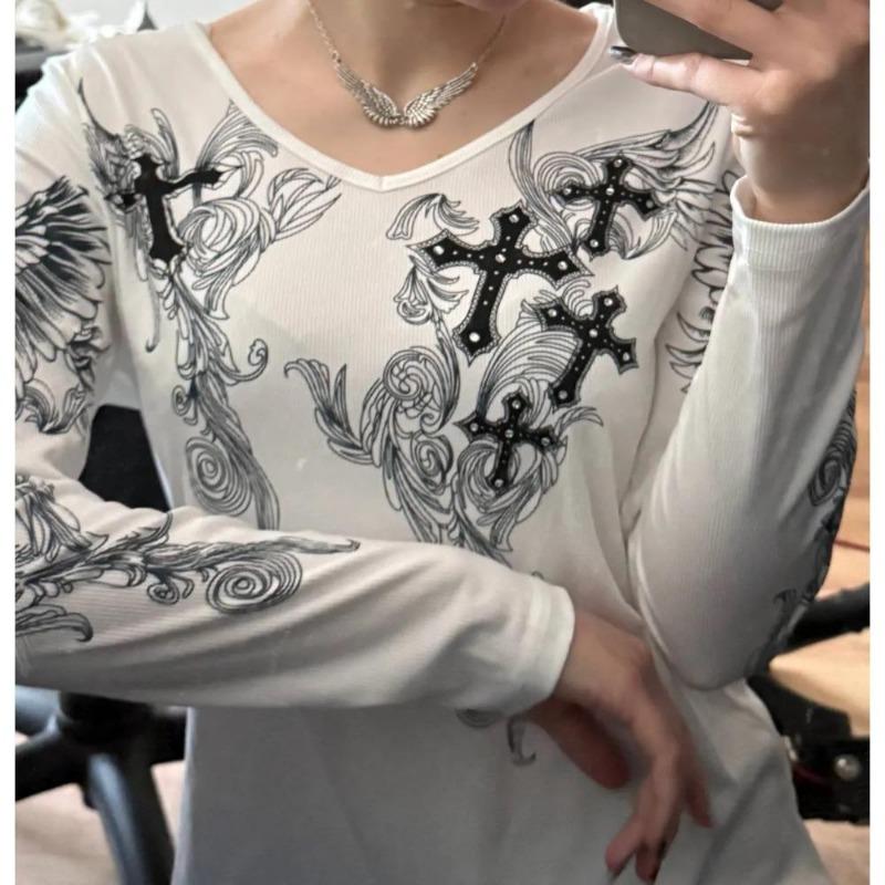 2KWEIRD Y2k Графический принт креста и крыльев Женская футболка с длинным рукавом Гранж Фея Футболка Харадзюку Эстетика 2000-х Панк Стиль Одежда Уличная одежда