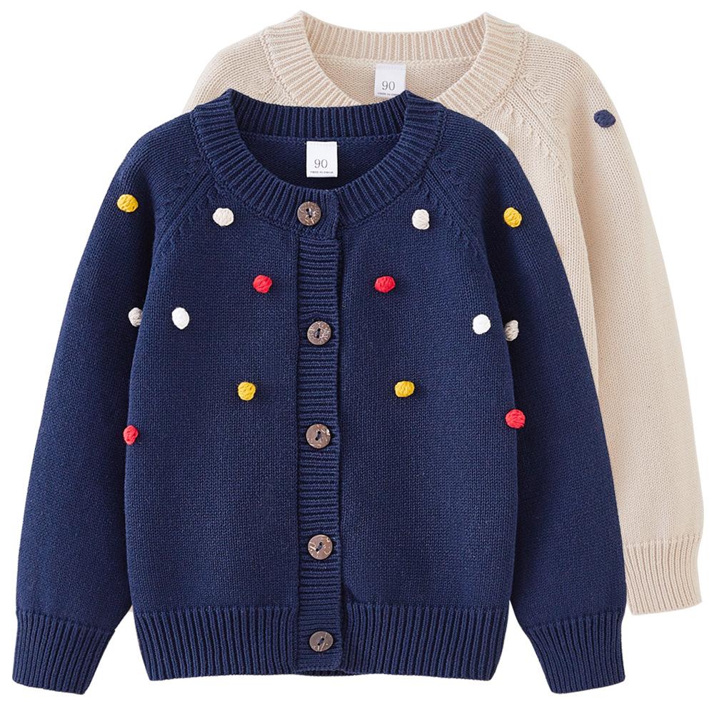 Spring and Autumn Children's Clothing Round Neck Children's Handmade Colorful Ball Knitted Cardigan Girls Cotton Sweater Cardigan Jacket