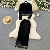Spring Autumn Women Vintage Black Velvet Sequined Tassel Two Piece Set Long Sleeve Pullover Tops and Long Midi Slim Bodycon Pencil Skirt Suit