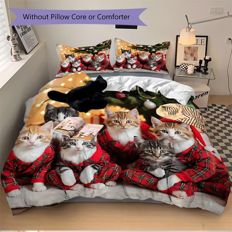 3Pcs Christmas Cats Plaid Pajamas Bedding Sets For All Sizes New 3D Printed Bed Cover Comforter Duvet Cover Pillowcase Bedroom Decoration