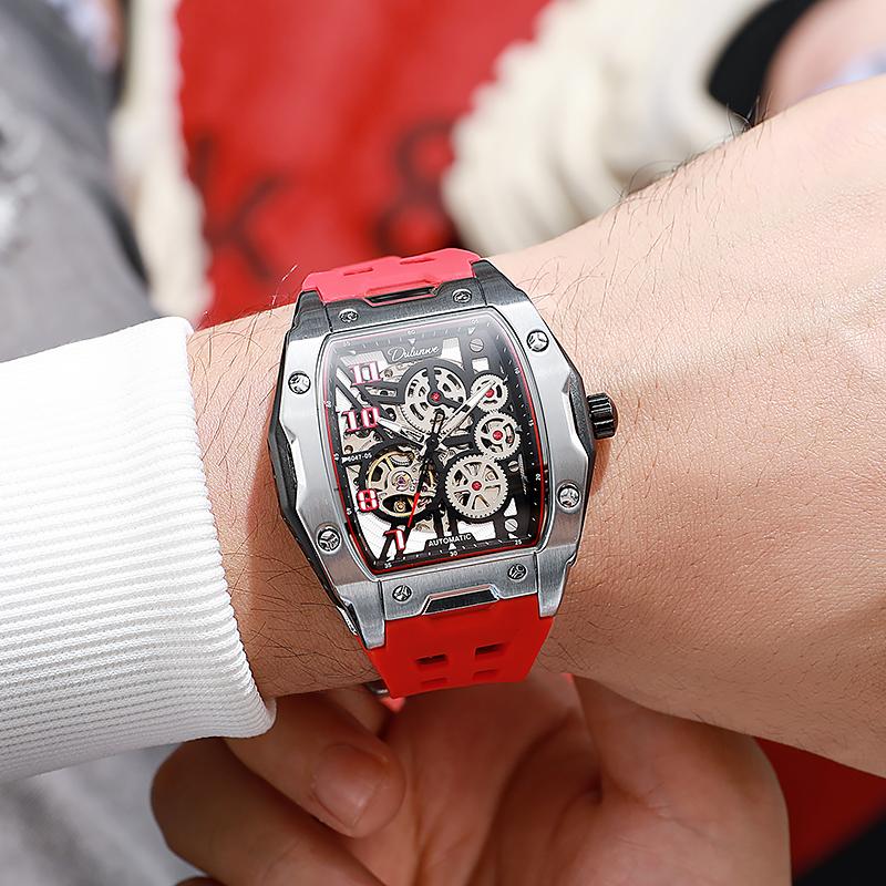 Мужские часы Модные скелетоны Механические спортивные часы Люминесцентные Водонепроницаемые Турбийон Автоматические Стальные часы