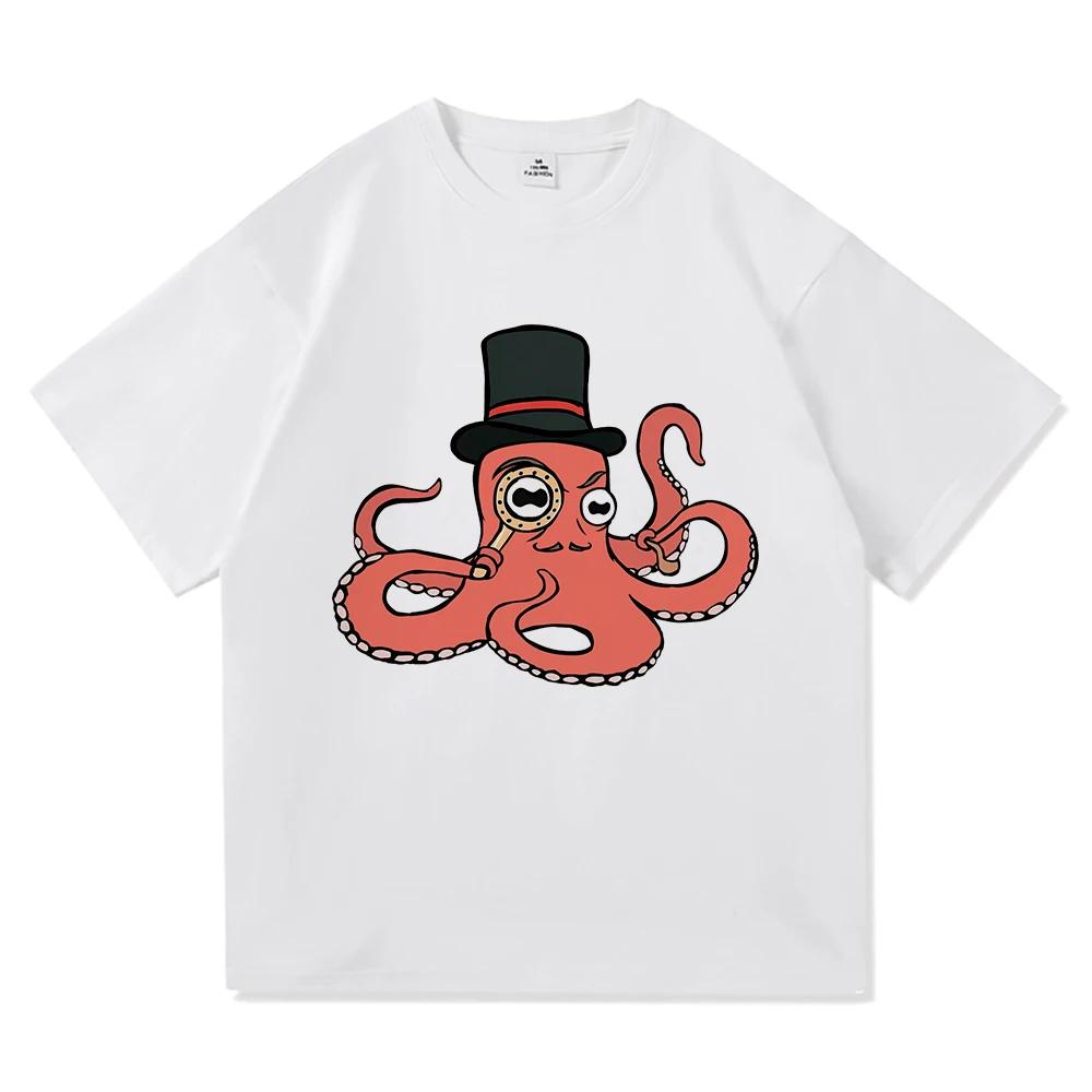 Octopus Wearing Beanie T Shirt Japanese Style Funny Menkids Clothing Harajuku Clothes Vintage High Quality Tops Cotton TShirts