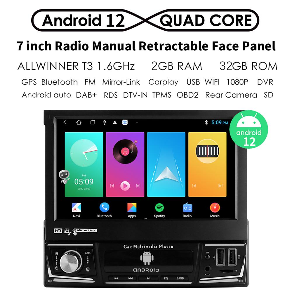 Автомобильная магнитола Hizpo 7 дюймов, одинарный, 1 Din, авторадио, CarPlay, GPS-навигация, выдвижной экран, 1Din, Android 12, мультимедийный плеер, универсальное аудио-видео головное устройство