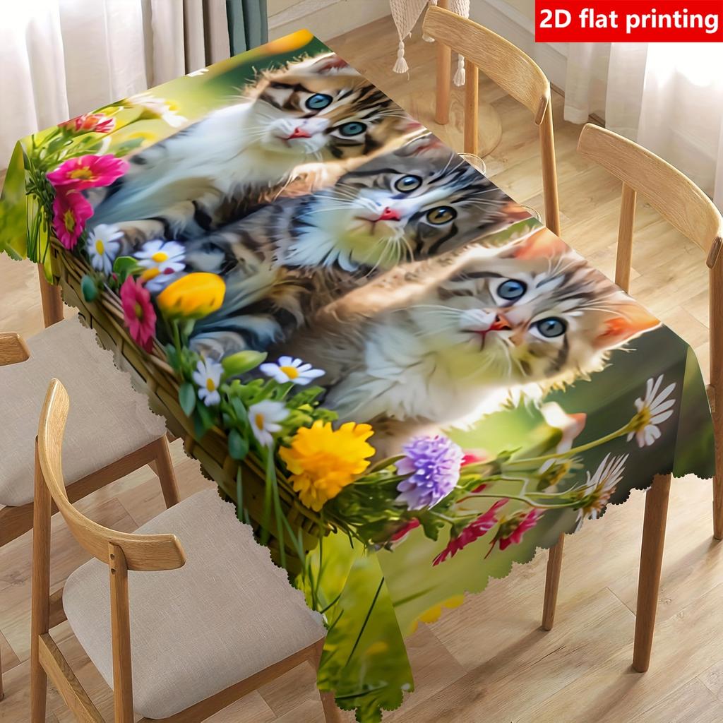 2D Flat Printing, 1pc, Cute Kitten Floral Print Tablecloth, Polyester Material, Featuring Three Tabby Kittens And Multicolor Floral Pattern, Embossed