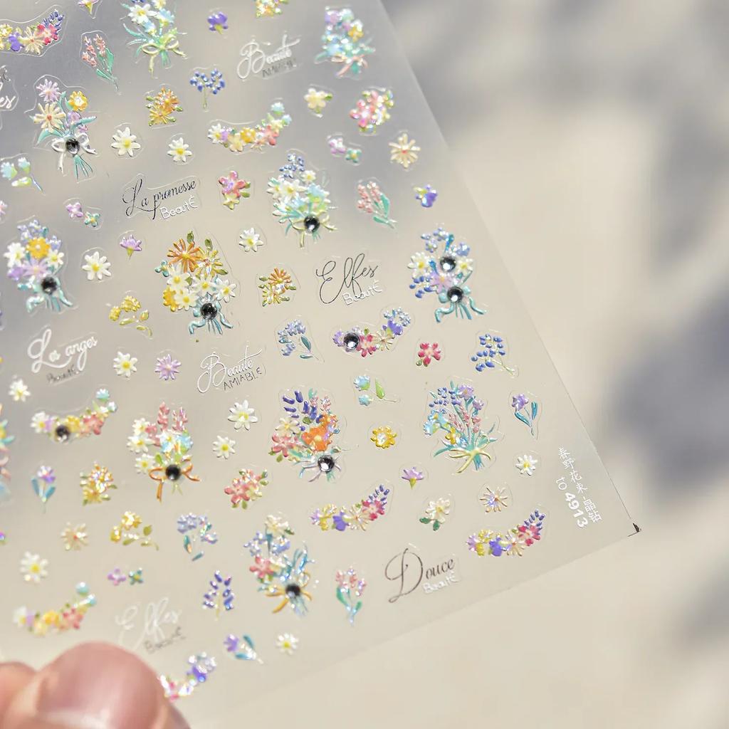 Charming Petal Flower Colorful Wildflowers Daisy Leaves 5D Relief Self Adhesive Nail Art Sticker Decoration Manicure Decal DIY