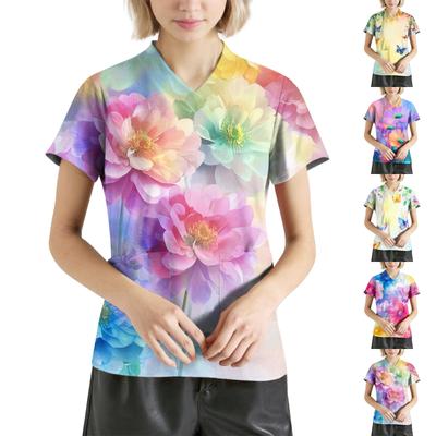 Женская мода с v-образным вырезом, короткими рукавами и карманами, топы с принтом