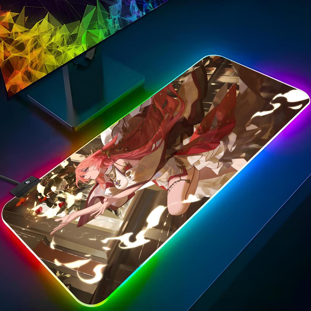 Коврик для мыши Yae Miko Genshin Impact Игровой RGB-коврик для мыши Печать на заказ Клавиатура с подсветкой Девушка-геймер XXL Коврик для ноутбука Настольные коврики Deskpad