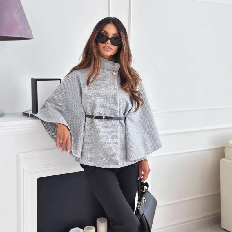 2025 Fall Womens Solid Color Wool Blend Cape Coat Slim Waist Tie Up Casual Outerwear