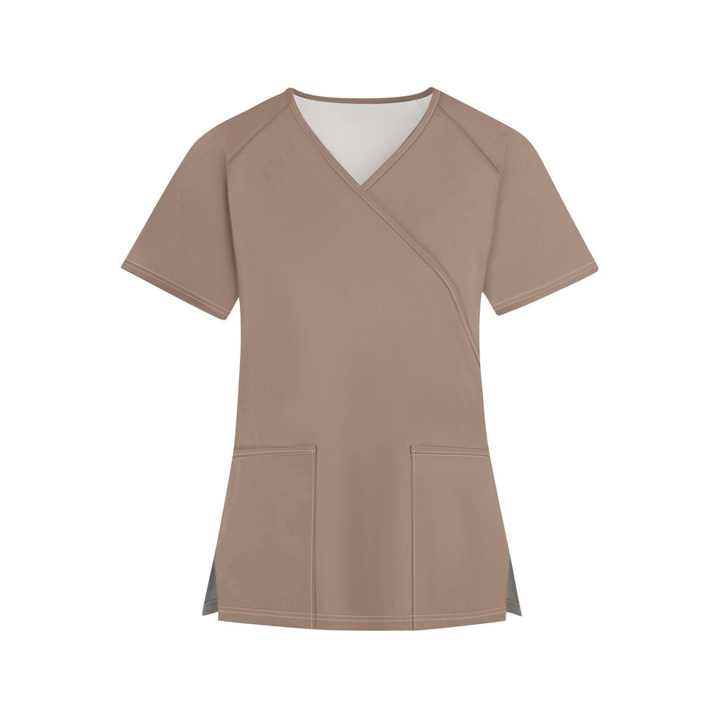 Женская мода однотонная рабочая одежда с v-образным вырезом и короткими рукавами с карманами, топы