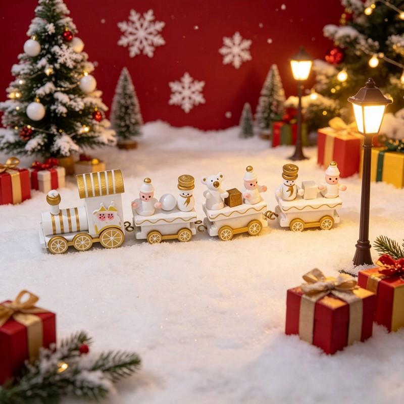 Wooden Christmas Train Toy Kids Hand-Painted Decorative Ornament Holiday Gift Set