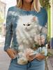 2024 Осень и зима Женская футболка с длинным рукавом с 3D-принтом и милым принтом котенка, женская уличная одежда с круглым вырезом и длинным рукавом