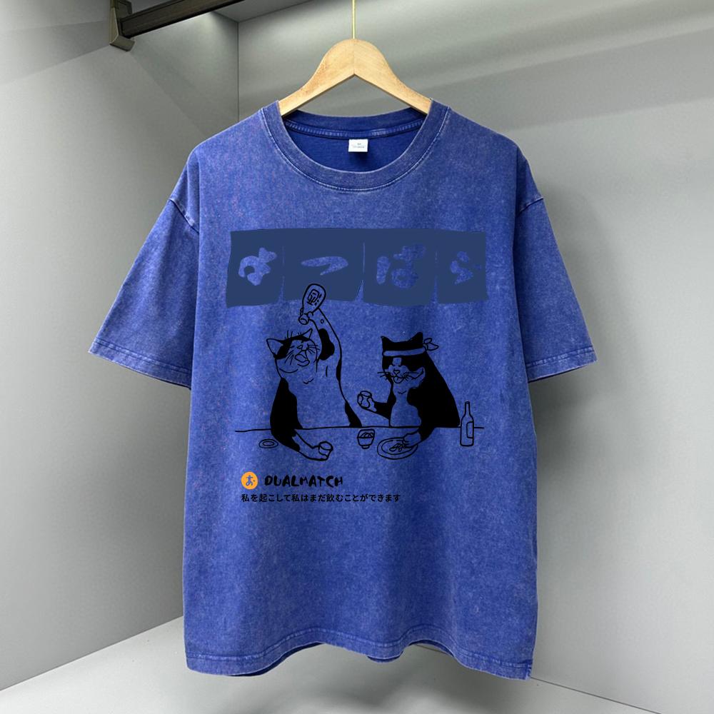 Original Japanese Retro Cat Men T Shirts Summer Cotton Sweat T-Shirts Breathable Loose Clothes Street Short Sleeve