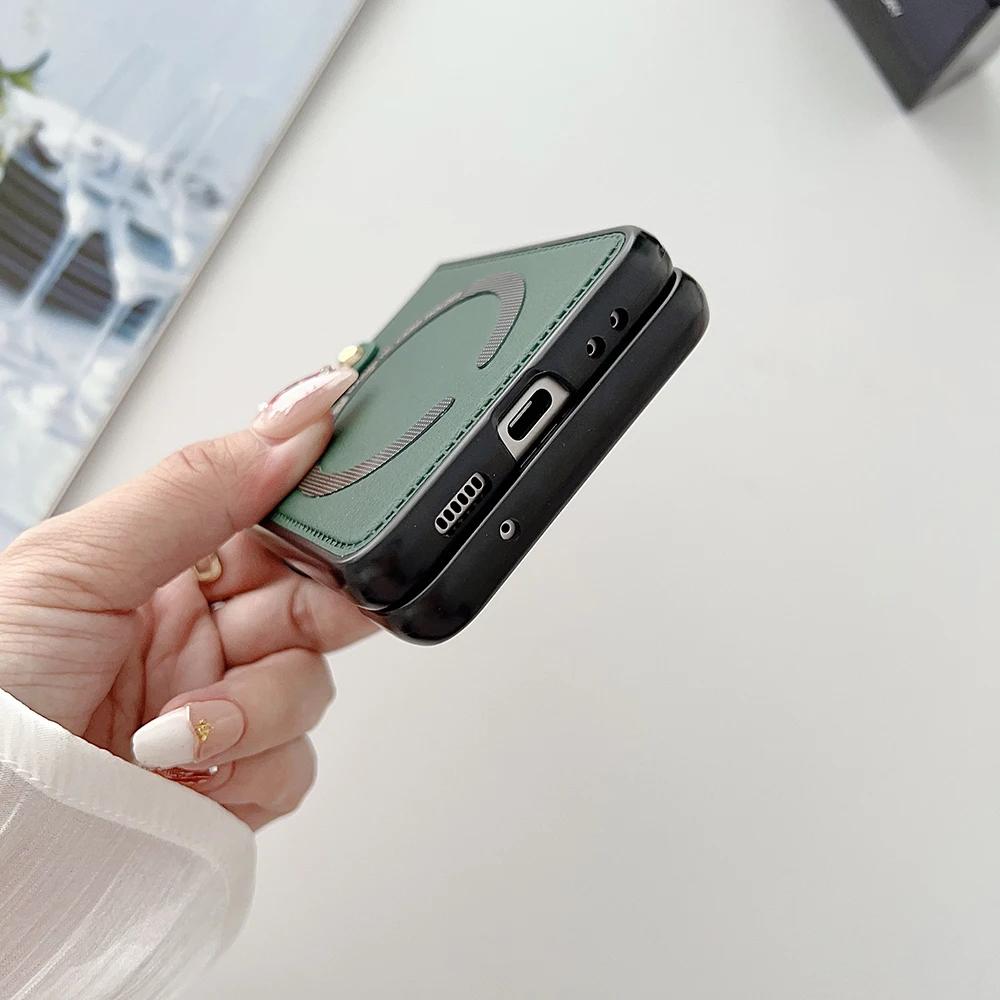 Чехол для телефона из ПУ кожи для Samsung Galaxy Z Flip 7 FE 6 5 4 3 Чехол с держателем-кольцом для Magsafe Магнитная беспроводная зарядка Flip6