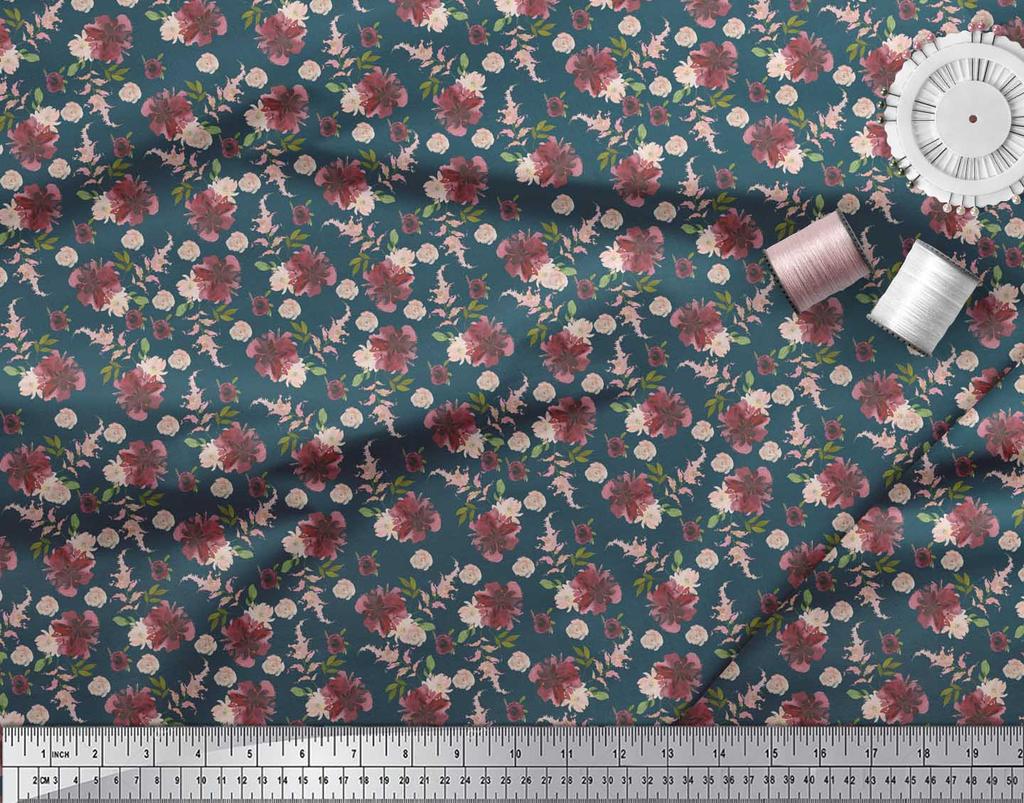 Soimoi Blue Poly Crepe Fabric Leaves & Chrysanthemum Floral Printed Fabric 1 metre 42 Inch